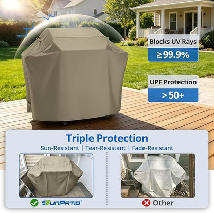 SunPatio Grill Cover 55 Inch for Outdoor Grill, Heavy Duty BBQ Cover with Waterproof Sealed Seam, FadeStop Material, All Weather Resistant Compatible for Weber CharBroil Nexgrill and More, Taupe