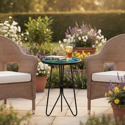 LIFFY Patio Side Tables,12" Indoor Outdoor Metal Side Table with Glass Tabletop,Round Decorative Plant Stand & Accent Table for Garden, Yard, Balcony, Backyard, Porch
