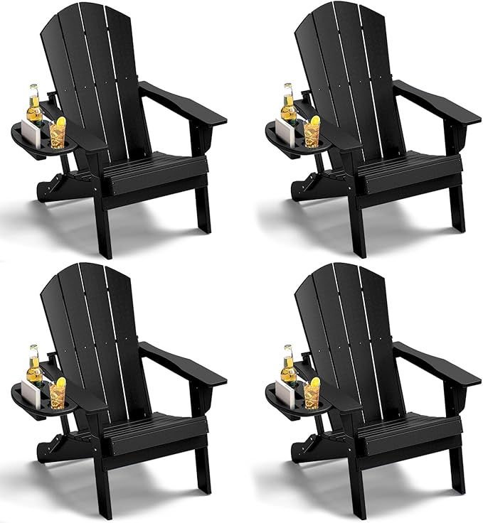 Adirondack Chair Set of 4, HDPE Folding Adirondack Chair with Multifunctional Cup Holder, Weather Resistant Fire Pit Chair for porches, patios, poolsides, Decks.