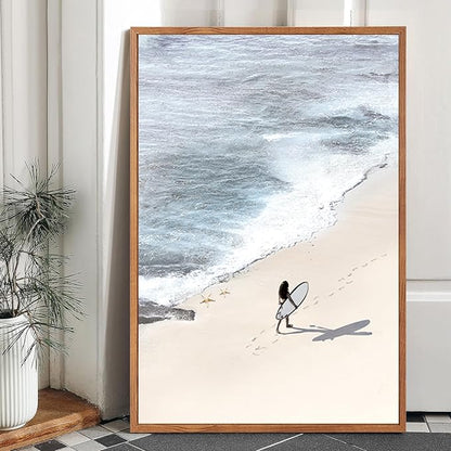 CHDITB Surfing Framed Canvas Wall Art, Seaside Ocean Surf Wall Decor, Modern Beach Surfboard Artwork, Summer Tropical Sea Painting for Beachy Bedroom Dining Room Surfer Room Decoration 24"x36"X3