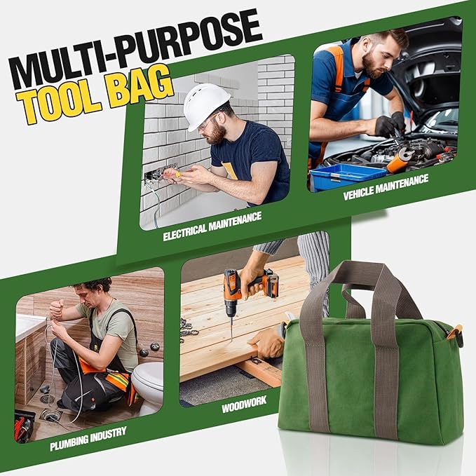 Small Tool Bag, Canvas Tool Storage Bag, Large Capacity Multipurpose Zipper Soft Tote Organizer Pouch for Electrician, Plumbing, Gardening,Tools Bags for Men (Green, 20 Inch)