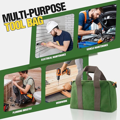 Small Tool Bag, Canvas Tool Storage Bag, Large Capacity Multipurpose Zipper Soft Tote Organizer Pouch for Electrician, Plumbing, Gardening,Tools Bags for Men (Green, 20 Inch)