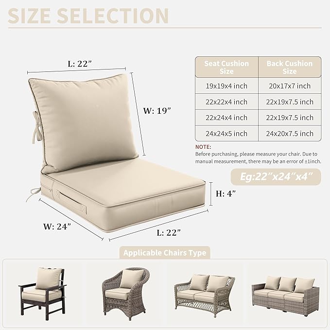 Premium Outdoor Seat Cushion Chair Cushions for Patio Furniture 22 L X 24 W X 4 H Waterproof & Fade Resistant Deep Seat and Backrest Cushion Set with Removable Covers for Chair, Sofa