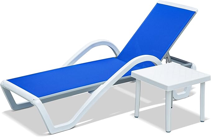 domi outdoor living Patio Chaise Lounge Adjustable Aluminum Lounge Chairs with Arm All Weather Pool Chairs for Outside,in-Pool,Lawn (Blue Lounge W/Table)