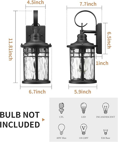Darkaway Outdoor Wall Lights,2pcs Exterior Lighting Fixtures Wall Mount Porch Lights Waterproof Outdoor Sconce with Water Ripple Glass for House Patio Hallway Garage