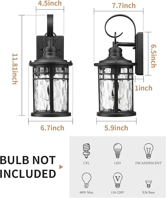 Darkaway Outdoor Wall Lights,Exterior Lighting Fixtures Wall Mount Porch Lights Waterproof Outdoor Sconce with Water Ripple Glass for House Patio Hallway Garage