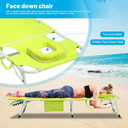 3-in-1 Oversized Sun Tanning Chair with Mat & Face Hole (Green) | Folding Chaise Lounge,5-Position Adjustable Outdoor Chair for Beach, Pool, Patio, Lawn, Yard - Includes Pillow