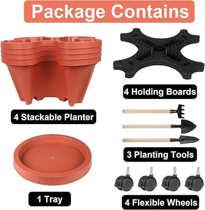 GameXcel Vertical Planter Tower- 4 Tier Stackable Garden Planter with Wheels and Tool Set – Grow Strawberries Herbs Flowers and Vegetables - Indoor Outdoor Use Red