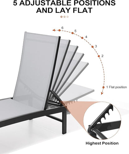 Crestlive Products Aluminum Adjustable Chaise Lounge Chair Outdoor Five-Position Recliner, Curved Design, All Weather for Patio, Beach, Yard, Pool (2 PCS Light Gray)