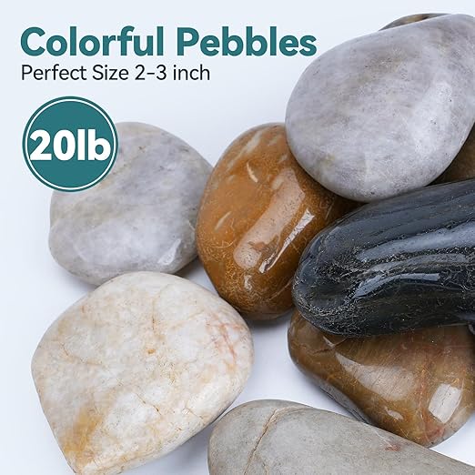 20lbs River Rocks, 2-3 Inch Plant Rocks for Pots Indoor, Decorative Garden Rocks Outdoor Landscaping, Polished Natural Stone for Walkways, Yard, Vases, Crafts