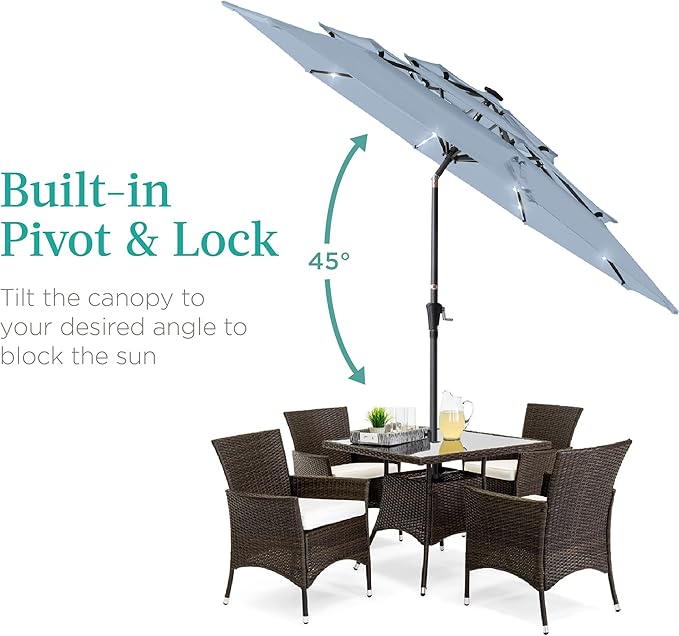 Best Choice Products 10ft 3-Tier Solar Patio Umbrella, Outdoor Market Sun Shade for Backyard, Deck, Poolside w/ 24 LED Lights, Tilt Adjustment, Easy Crank, 8 Ribs - Breeze Blue
