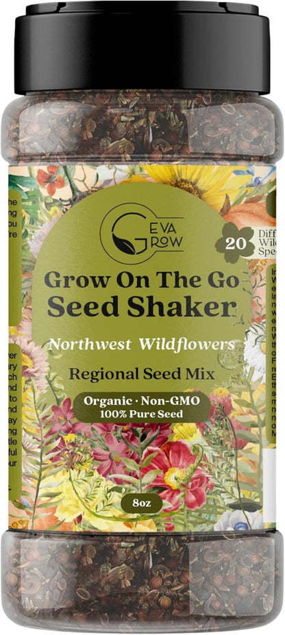 Geva Grow on The Go Seed Shaker - Northwest Wildflower Seeds Regional Mix - Organic, Non-GMO - 100% Pure Seed - 20 Different Wildflowers Seeds of Annual and Perennial, 8oz