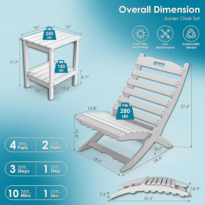 GREENVINES 3 Pieces Patio Furniture Set | Outdoor Bistro Sets for 2 | HDPE Plastic | Folding-Adirondack-Chairs-with-Side-Table | All Weather | Xavier Chair | for Porch Deck Poolside Backyard | White