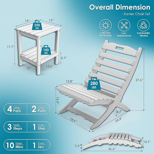 GREENVINES 3 Pieces Patio Furniture Set | Outdoor Bistro Sets for 2 | HDPE Plastic | Folding-Adirondack-Chairs-with-Side-Table | All Weather | Xavier Chair | for Porch Deck Poolside Backyard | White