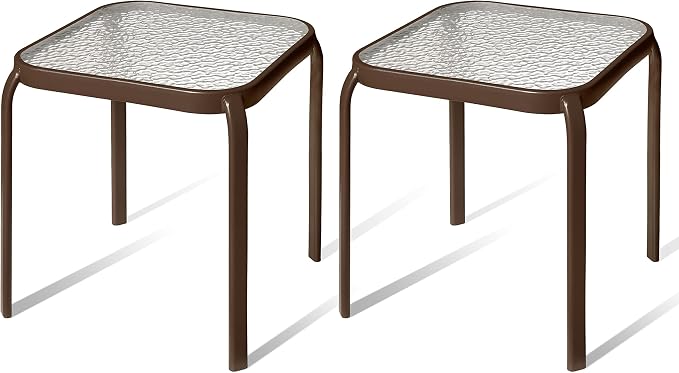 Bronze Metal Outdoor Side Table with Tempered Glass Top Set of 2 – Elegant Small 16" Square Patio Table – Durable Weather-Resistant Coffee Bistro Accent End Table for Outside and Garden