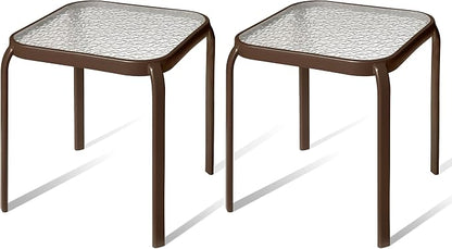 Bronze Metal Outdoor Side Table with Tempered Glass Top Set of 2 – Elegant Small 16" Square Patio Table – Durable Weather-Resistant Coffee Bistro Accent End Table for Outside and Garden