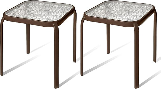 Bronze Metal Outdoor Side Table with Tempered Glass Top Set of 2 – Elegant Small 16" Square Patio Table – Durable Weather-Resistant Coffee Bistro Accent End Table for Outside and Garden
