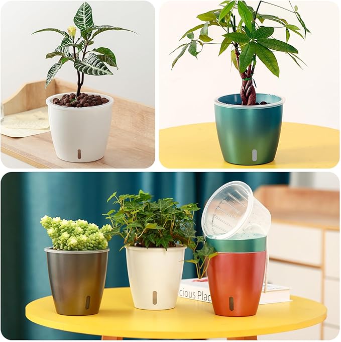 Self-Watering Pots for Indoor Plants, 8-Pack 6.7'' Self Watering Planter with Drainage Holes, Small African Violet Pots with Water Indicator, Clear Wick Pot, White