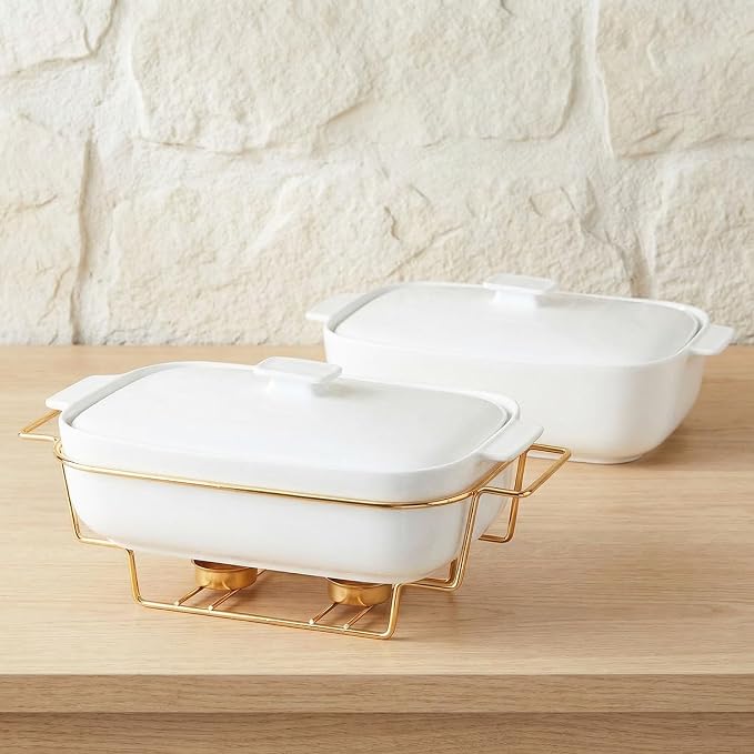 Casserole Dish with Lids 1.9 Quart Ceramic Bakeware Set with Lids and rack, 10 x 7 Lasagna Pan Deep with Lid, Rectangular Bakeware With Handle, Microwave, Dishwasher, Oven Safe, White