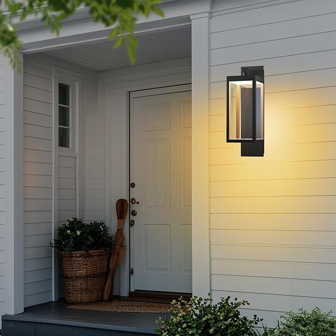 Outdoor Wall Sconce, Dusk to Dawn Outdoor Wall Lights, Waterproof Porch Lanterns Decorative, Anti-Rust Exterior Light in Wood Grain Finish & Black Finish for House Patio Garage Entryway Doorway