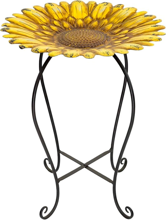 Alpine Corporation 19" H Outdoor Metal Birdbath w/Stylish Stand, Embossed Sunflower Birdbath Bowl and Stand Set, Yellow
