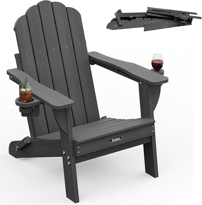 Folding Adirondack Chair,All-Weather HDPE Fire Pit Chair with 2 Cup Holders, Plastic Outdoor Chair for Patio Deck Garden Lawn, Grey