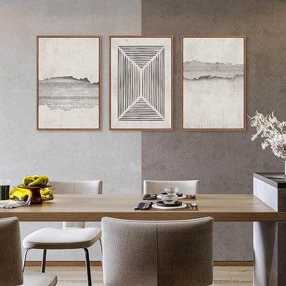 CHDITB Abstract Modern Framed Canvas Wall Art Set, Geometric Line Textured Wall Decor, Minimalist Neutral Wall Painting, Beige Black Art Prints for Living Room, Bedroom, Office - Large Size 16"x24"x3