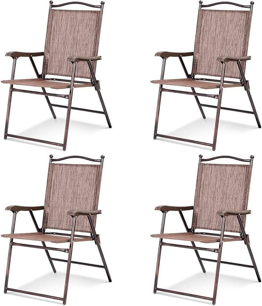 Tangkula Set of 4 Patio Folding Dining Chairs, Outdoor Sling Lawn Chairs with Armrests, Steel Frame, Portable Camping Lounge Chairs for Backyard, Deck, Poolside and Garden, No Assembly (2, Brown)