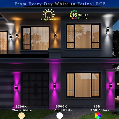 Smart Outdoor Sconce Lights 2 Pack, Up Down Wall Porch Lights RGB Color Changing WiFi APP Control, Dimmable LED Exterior Wall Lighting Fixtures Work with Alexa,No Hub Required,ETL Listed