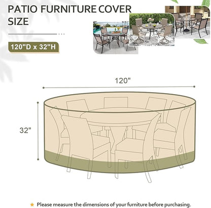COWVIE Round Patio Dining Set Cover for Outdoor Table and Chairs, 600D Waterproof and UV-Resistant Fabric Patio Furniture Cover with Storage and Air Vent, 120''Dia x 32''H