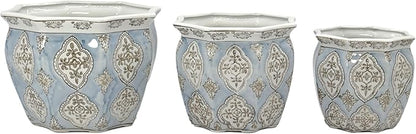 Galt International Light Blue & White Round Fluted Floral Porcelain Ceramic Plant Flower Planter Pot Set of 3 (7.5", 10", 13") Garden Pots Chinese Asian Design