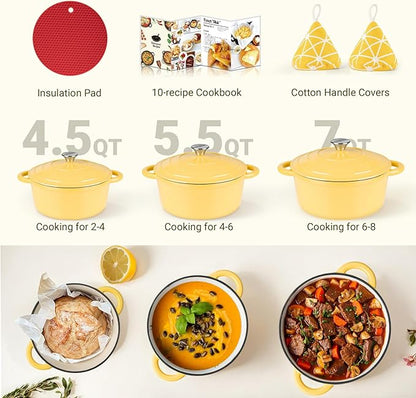 Overmont Enameled Cast Iron Dutch Oven - 5.5QT Pot with Lid Cookbook & Cotton Potholders - Heavy-Duty Cookware for Braising, Stews, Roasting, Sourdough Baking Goose Yellow