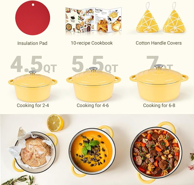 Overmont Enameled Cast Iron Dutch Oven - 4.5QT Pot with Lid Cookbook & Cotton Potholders - Heavy-Duty Cookware for Braising, Stews, Roasting, Bread Baking GooseYellow