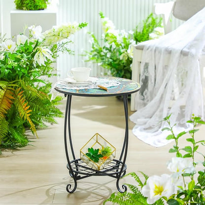 Cinnvoice Outdoor Side Table Round Small Mosaic Patio Accent Indoor End Plant Coffee Tea Table for Yard Patio Porch Garden Living Room, Bedroom(Butterfly Style,12 Inch)