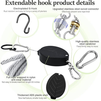 2026New 2Pcs Retractable Plant Hanger with Leaf Texture,44Lbs Load Capacity,Auto Lock,Adjustable Hook for Hanging Plants,Bird Feed,Wind Chimes,Garden Pots,Rust-Proof Stainless Steel,Black