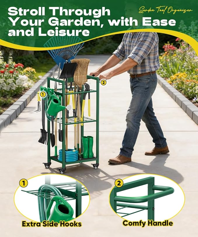 Garden Tool Organizer with Wheels, Heavy Duty 3 Tier Metal Yard Tool Storage Rack Holder with Side Hooks, Freestanding Garage Organizer for Shovels, Rakes, Brooms, Indoor Outdoor Use, Green