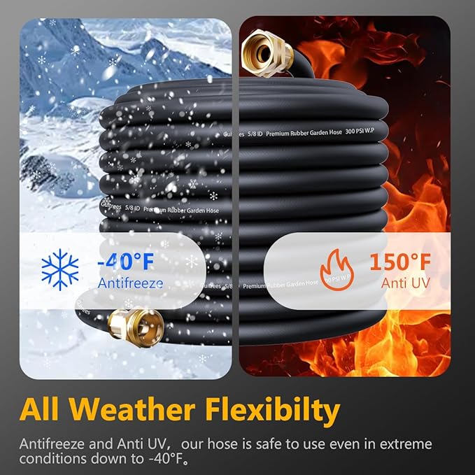 100FT 5/8 Heavy Duty Rubber Garden Hose - 200psi Working, 1000psi Burst - Hot/Cold Water - Five-Layered Braiding for Durability - Versatile for Gardening, Agriculture, Construction(Black)