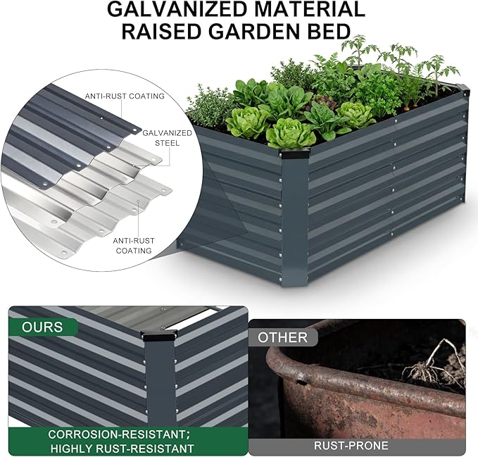 Galvanized Raised Garden Bed 6x3x2ft, Raised Beds for Gardening, Reinforced Support Bars & Safety Edges for Vegetables, Flowers, Herbs, Gray (Grey, 4x2x2FT)