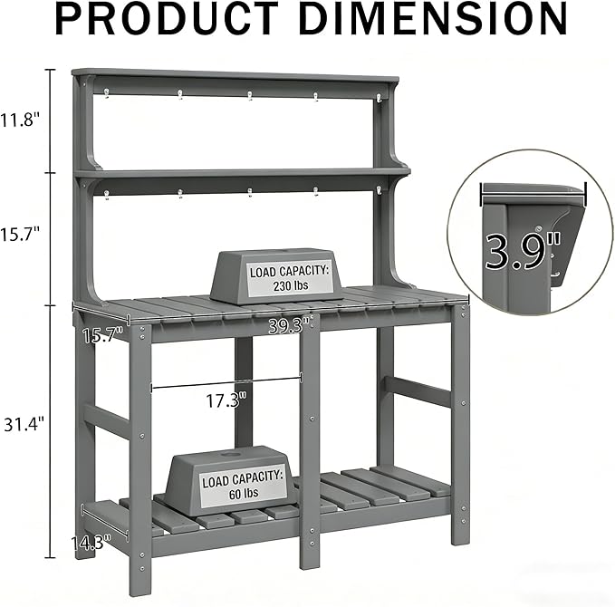 Outdoor Potting Bench with 3 Tier, All-Weather Patio Potting Table with Tool Hooks, HDPE Gardening Table for Backyard, Garden, Grey