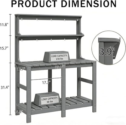 Outdoor Potting Bench with 3 Tier, All-Weather Patio Potting Table with Tool Hooks, HDPE Gardening Table for Backyard, Garden, Grey
