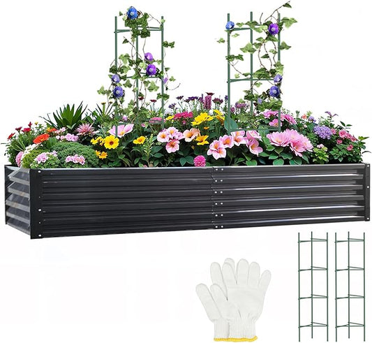 Metal Raised Garden Bed 8x4x1.5Ft Tall Outdoor Large Metal Galvanized Planter Boxes Kit for Vegetables, Flowers and Herbs,Garden Beds with 2Pcs Tomato Cage 1Pc Gloves,Black