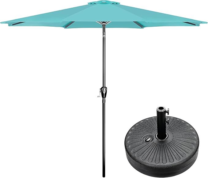 Simple Deluxe 9FT Outdoor Patio Umbrella Table Market Umbrella with Push Button Tilt and Crank and 50lbs Base Stand, for Garden, Lawn, Deck, Backyard, Pool, Turquoise
