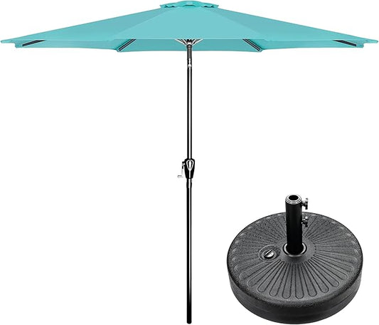 Simple Deluxe 9FT Outdoor Patio Umbrella Table Market Umbrella with Push Button Tilt and Crank and 50lbs Base Stand, for Garden, Lawn, Deck, Backyard, Pool, Turquoise