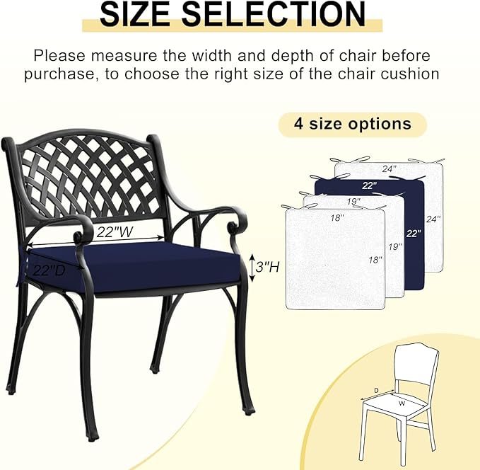 downluxe Waterproof Outdoor Chair Cushions for Patio Furniture, 22" x 22" x 3" Patio Chair Cushion with Adjustable Ties & Portable Handle, Square Outdoor Cushion with Removable Cover, Navy, 2 Pack