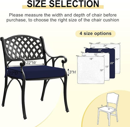 downluxe Waterproof Outdoor Chair Cushions for Patio Furniture, 22" x 22" x 3" Patio Chair Cushion with Adjustable Ties & Portable Handle, Square Outdoor Cushion with Removable Cover, Navy, 2 Pack