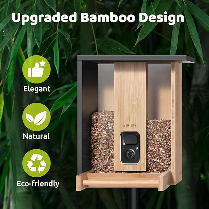 Birdfy Smart Bird Feeder with Camera&Metal Guard, Bamboo Wood Outdoor Design, AI Bird Recognition, 1080P HD & Night Vision, Solar Powered, Weatherproof, 3.5L Capacity, Ideal Gift for Nature Lovers