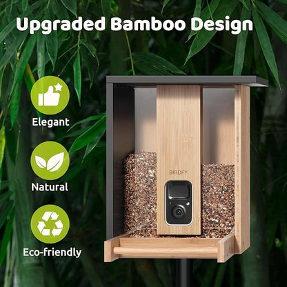 Birdfy Smart Bird Feeder with Camera&Metal Guard, Bamboo Wood Outdoor Design, AI Bird Recognition, 1080P HD & Night Vision, Solar Powered, Weatherproof, 3.5L Capacity, Ideal Gift for Nature Lovers