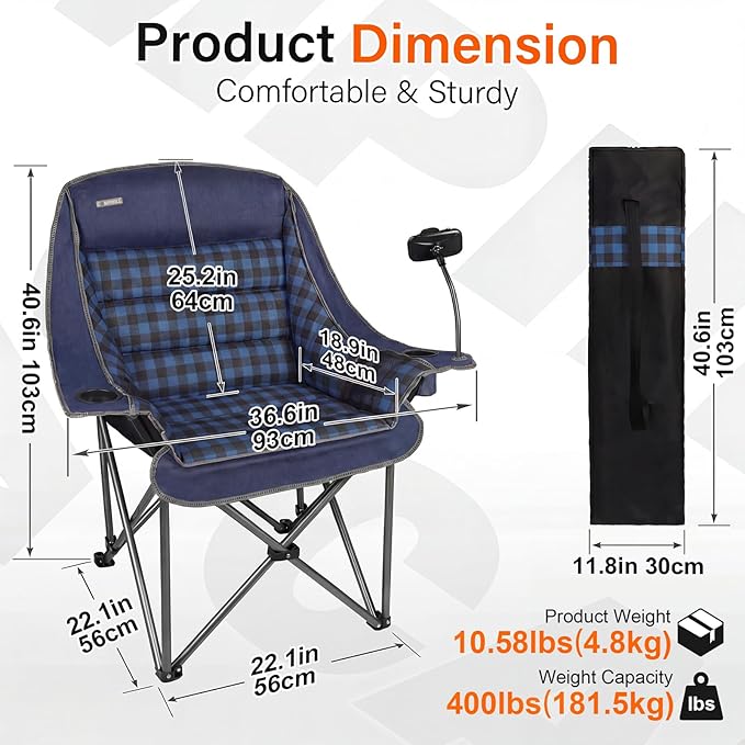 Oversized Camping Chairs for Adults- Heavy Duty Extra Large Lawn Chair,Folding Comfy Padded Camp Chair for Outdoor Sports Garden Beach Fishing,Wide&Thick,Blue Plaid