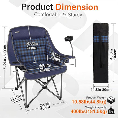 Oversized Camping Chairs for Adults- Heavy Duty Extra Large Lawn Chair,Folding Comfy Padded Camp Chair for Outdoor Sports Garden Beach Fishing,Wide&Thick,Blue Plaid