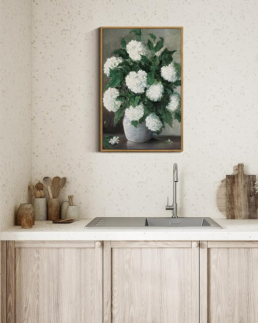 InSimSea Framed Canvas Prints Art Vintage Decor, Flower Wall Art Home Decor, White Hydrangea Paintings Large Prints, Botanical Floral Wall Decoration for Living Room Bathroom Office, 16"x24"